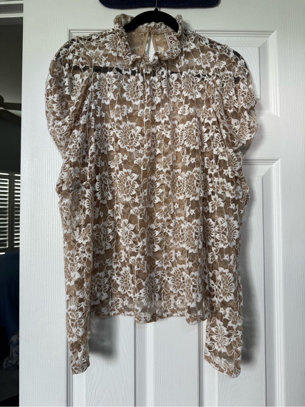 dolan Beige and White Lace Ruffle-Neck Blouse